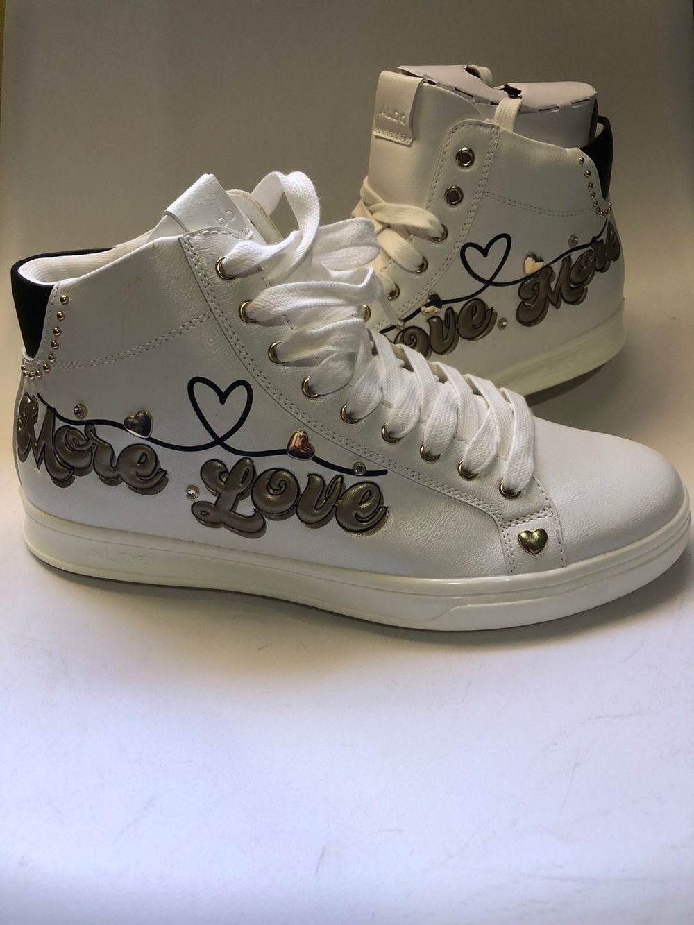 Aldo White High-Top Sneakers with Gold-Tone 'More Love' Accents